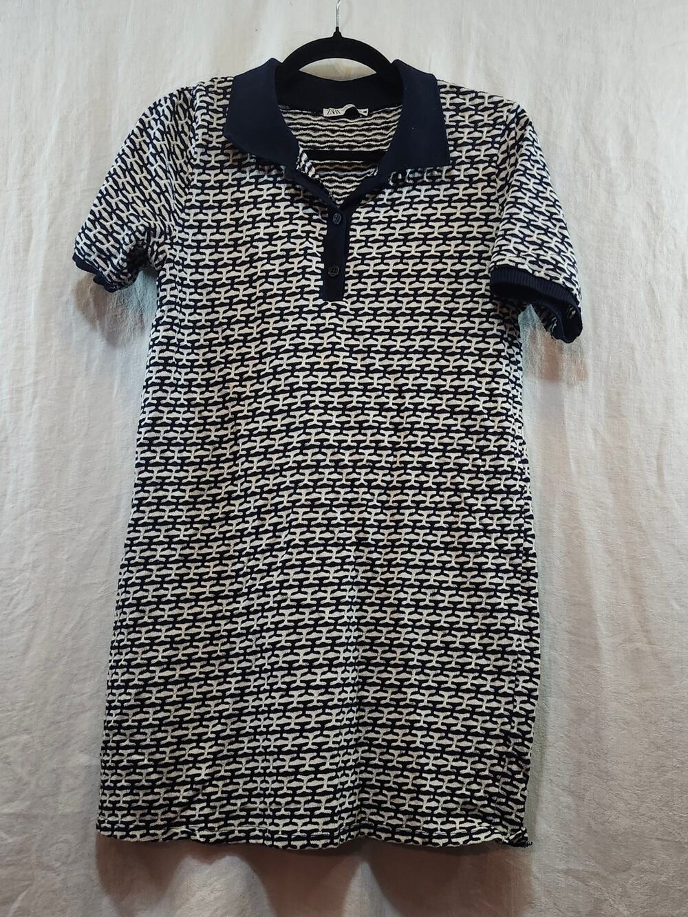 Zara Sz Medium Knit Tennis Dress Black White Collared Above Knee short Sleeve